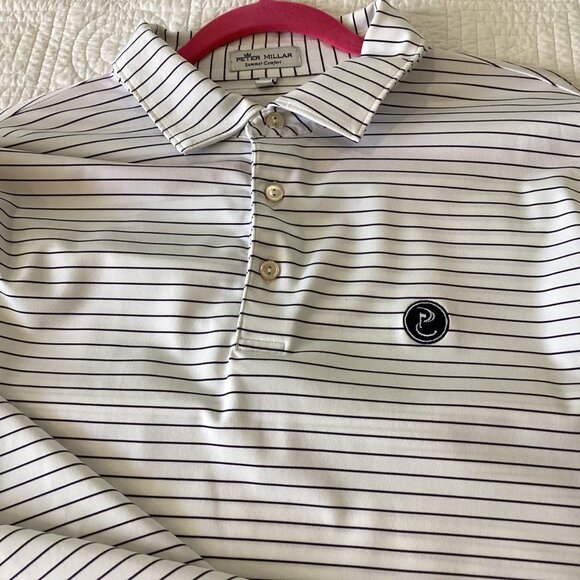 Peter Millar Summer Comfort Polo Shirt XL White & Navy Striped Short Sleeve Mens - Picture 12 of 13